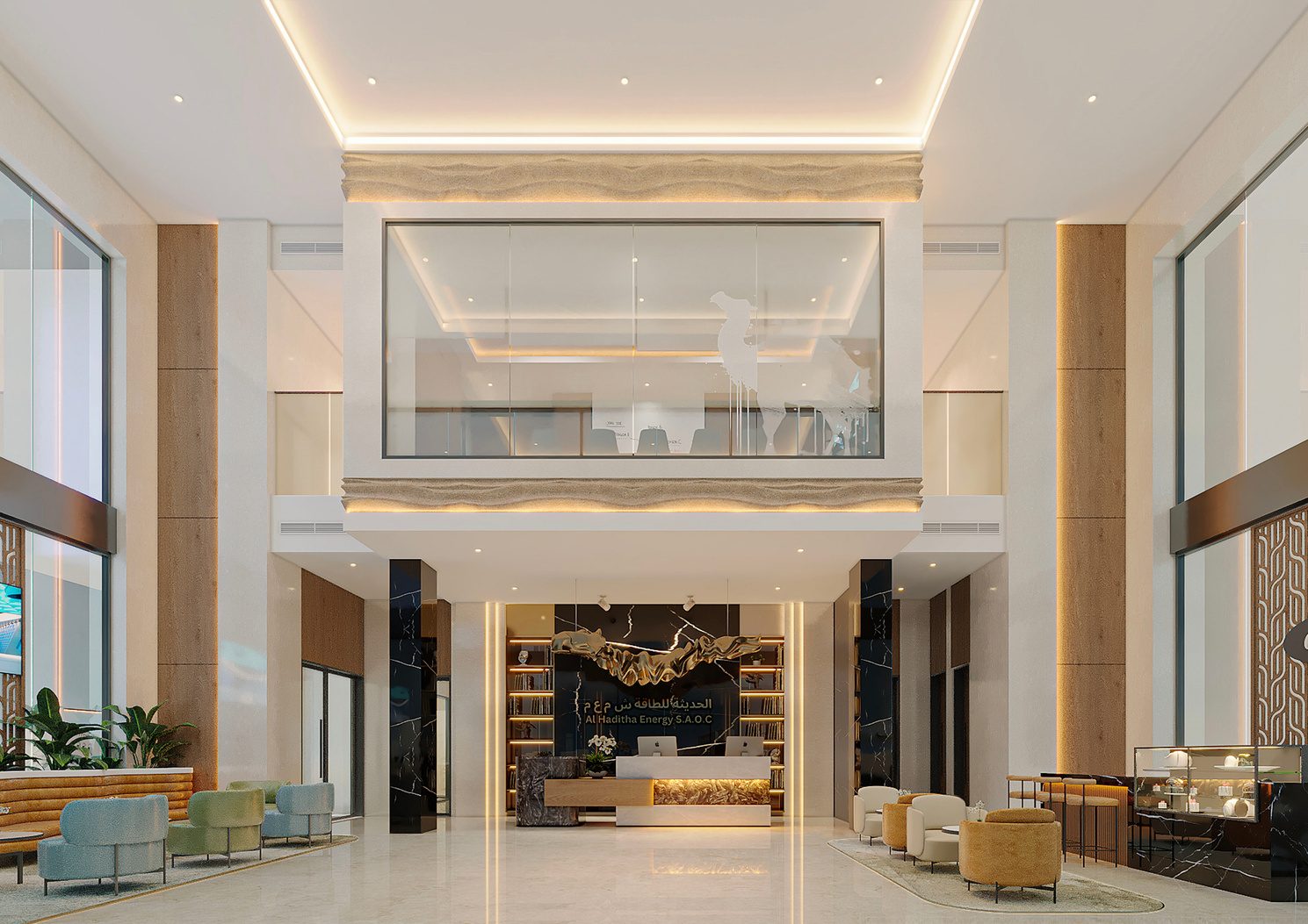 Double-height marble lobby with wood panelling and gold accents, Al Haditha Energy head office, Muscat